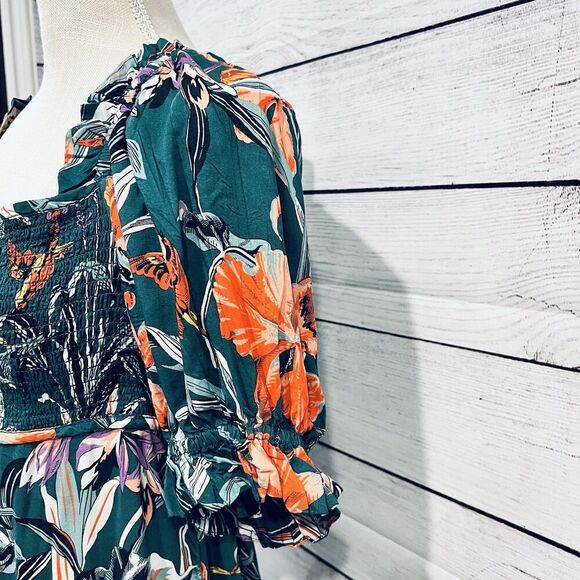 Anthropologie Puff Sleeve Smocked Floral Midi Dress Size Small Tropical - Picture 7 of 11